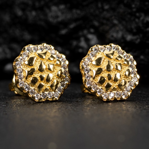 Gold Nugget Iced Cz 14K Gold 925 Sterling Silver Nugget Stud Mens Best Earrings - Picture 1 of 5